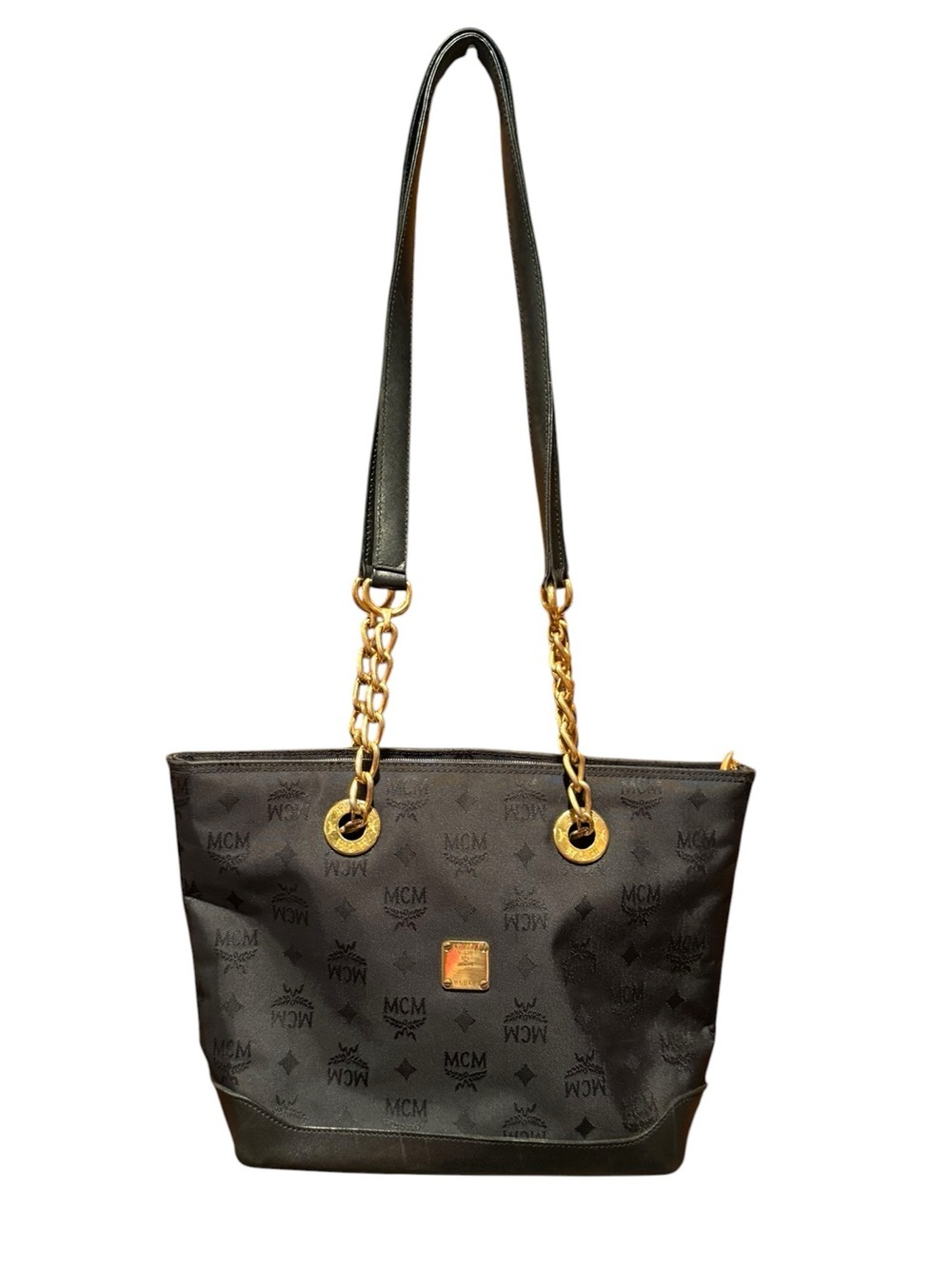 MCM Black Logo Tote with Gold Chain Straps